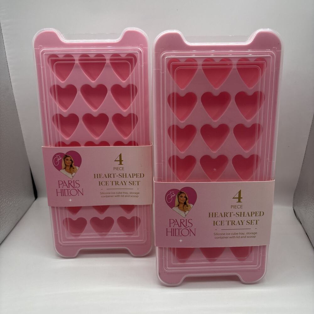 Lot of 2 Paris Hilton Heart Ice Cube Tray Sets Pink Silicone Mold Storage